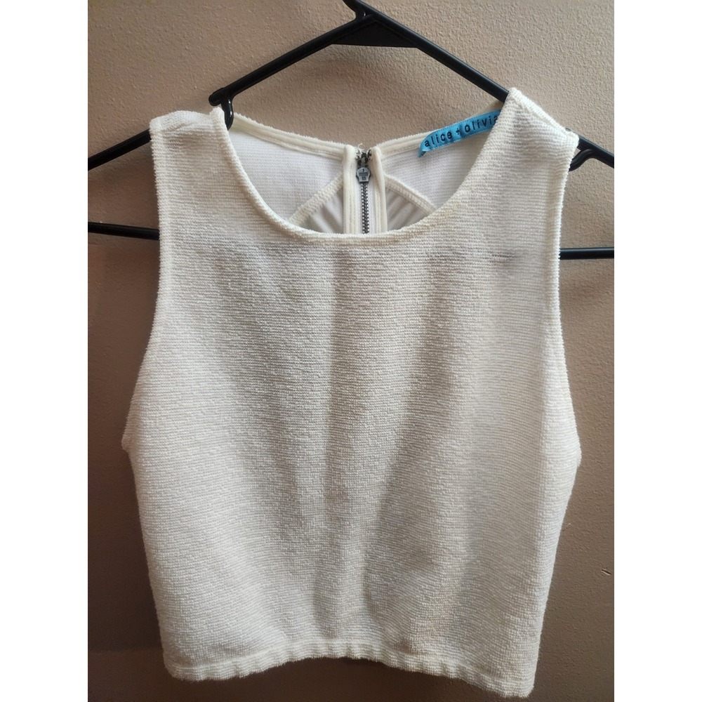 Alice & Olivia White Ivory Crew Neck Zip Back Crop Top Sleeveless Size XS